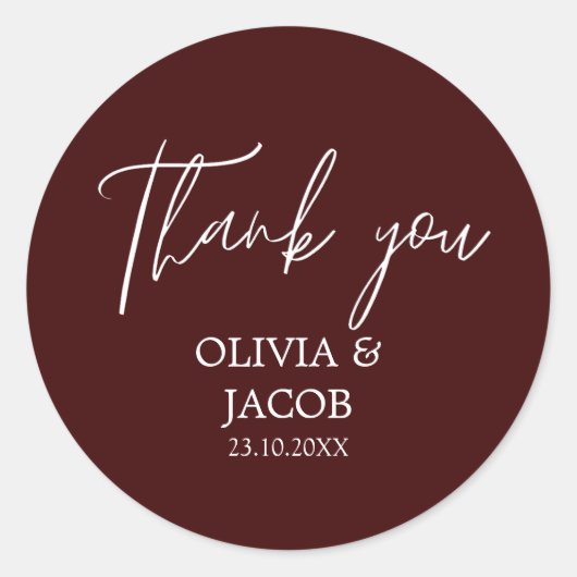 Moderne en eenvoudige Maroon Dankjewel Bruiloft Ronde Sticker (Voorkant)