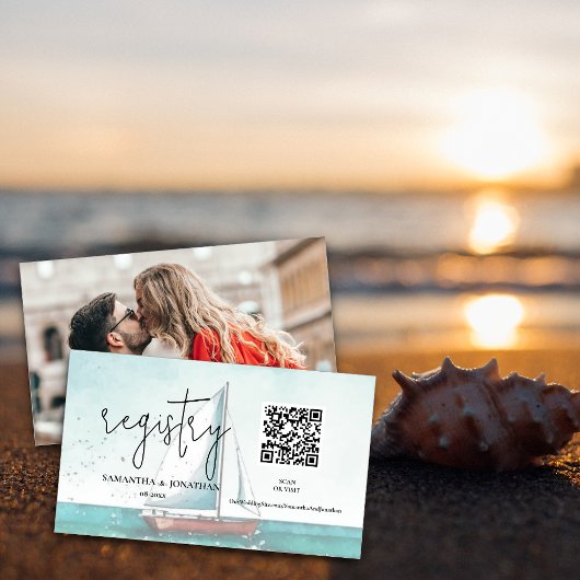 Moderne en elegante cruise bruiloft qr code informatiekaartje