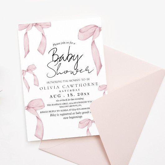 Moderne en elegante Dusty Pink Bow Baby shower Kaart