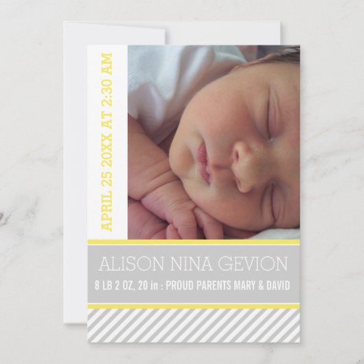 Moderne en elegante geel, grijs gestreepte baby ge aankondiging (Voorkant)