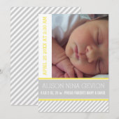 Moderne en elegante geel, grijs gestreepte baby ge aankondiging (Voorkant / Achterkant)