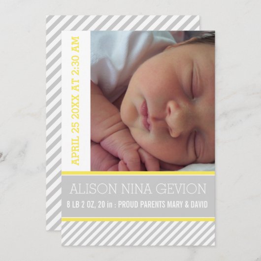 Moderne en elegante geel, grijs gestreepte baby ge aankondiging (Voorkant / Achterkant)