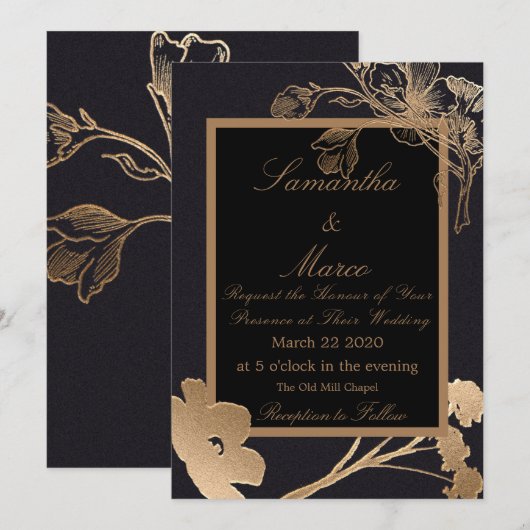 Moderne en elegante metalen bloemen bruiloft kaart (Voorkant / Achterkant)