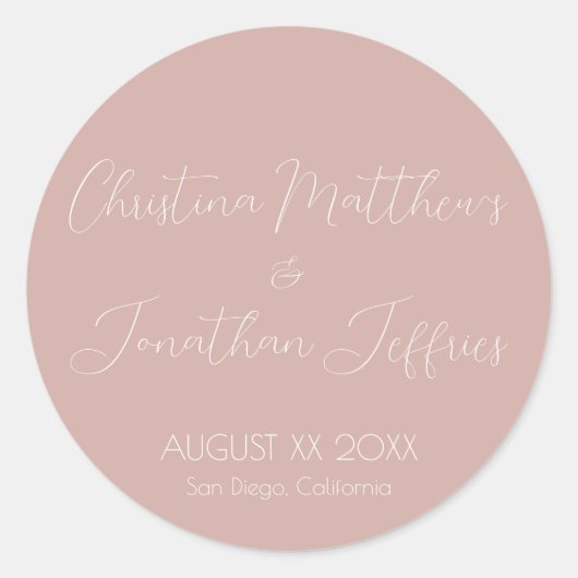 Moderne en elegante puistroze bruiloft ronde sticker (Voorkant)