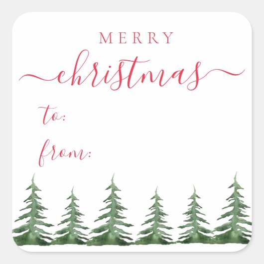 Moderne en elegante Script Pine Trees kerstcadeaut Vierkante Sticker (Voorkant)