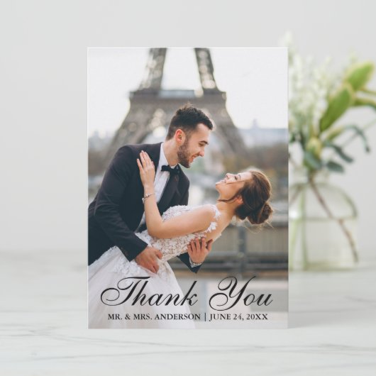 Moderne en elegante trouwfoto Dank u kaart (Staand voorkant)
