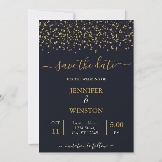 Moderne en klassieke gouden sterren save the date (Voorkant)