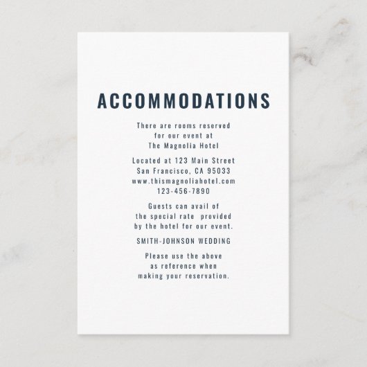 Moderne en minimale huwelijksaccommodatie informatiekaartje (Voorkant)