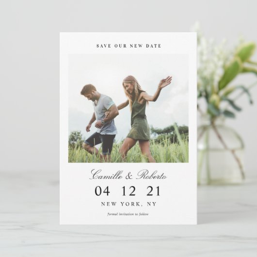 Moderne en minimale opslagtijd voor onze nieuwe da save the date (Staand voorkant)