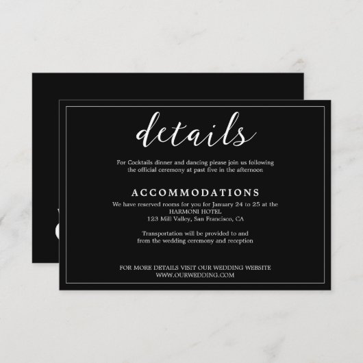 Moderne en minimalistische zwart-wit bruiloft informatiekaartje (Voorkant / Achterkant)