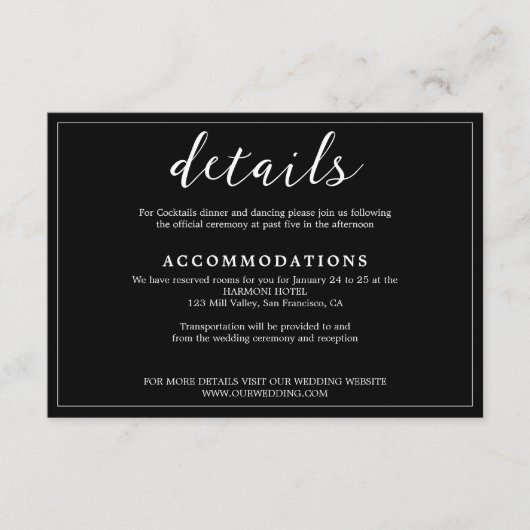 Moderne en minimalistische zwart-wit bruiloft informatiekaartje (Voorkant)