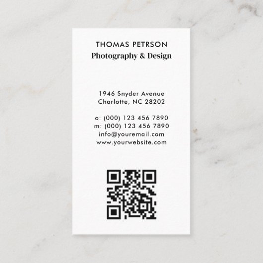 Moderne en professionele fotograaf QR-code Visitekaartje (Achterkant)