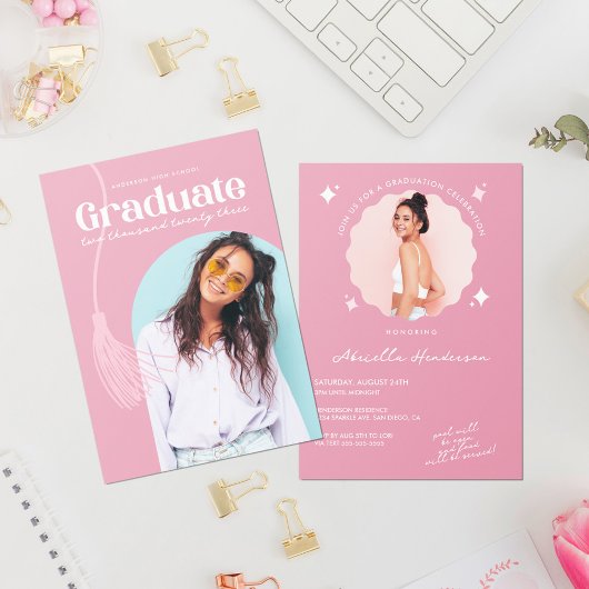 Moderne en Retro Roze Afstudeerfeest Kaart