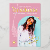 Moderne en Retro Roze Glitter Afstuderen Folie Uitnodiging (Voorkant)