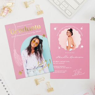 Moderne en Retro Roze Glitter Afstuderen Folie Uitnodiging
