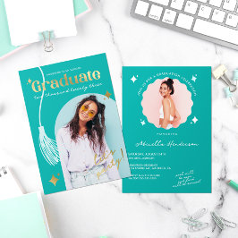 Moderne en Retro Teal Glitter Afstudeerfolie Uitno Folie Uitnodiging