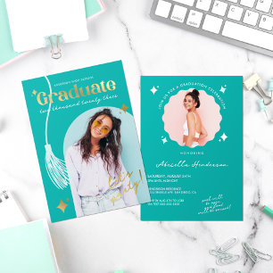 Moderne en Retro Teal Glitter Afstudeerfolie Uitno Folie Uitnodiging