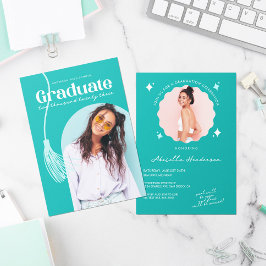 Moderne en Retro Turquoise Afstudeeruitnodiging Kaart