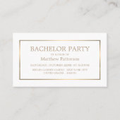 Moderne en stijlvolle, witte/gouden bachelor party visitekaartje (Voorkant)