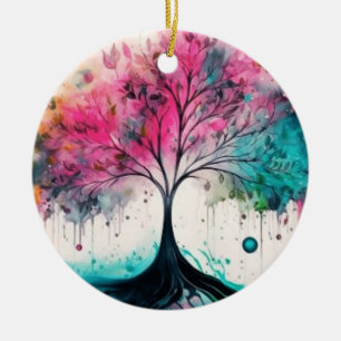 Moderne en vette mystieke boom (blauw, roze, oranj keramisch ornament