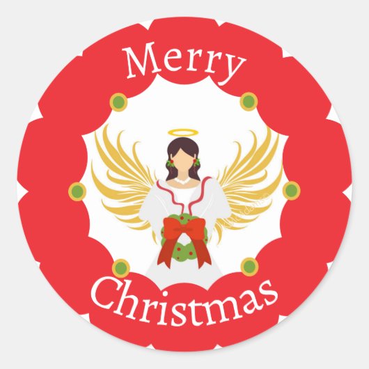 Moderne engel vrolijke kerst rode krans ronde sticker (Voorkant)