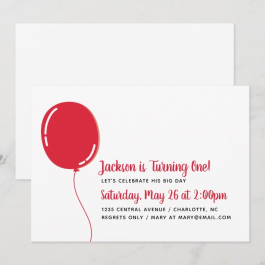 Moderne Enkelvoudige Rode Ballon Birthday Party Kaart (Voorkant / Achterkant)