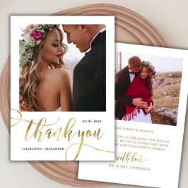Moderne enorme gouden script 2 foto bruiloft bedankkaart