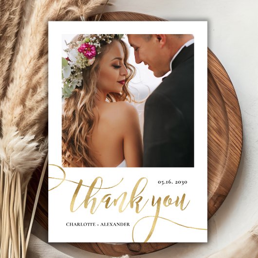 Moderne enorme gouden script 2 foto bruiloft bedankkaart
