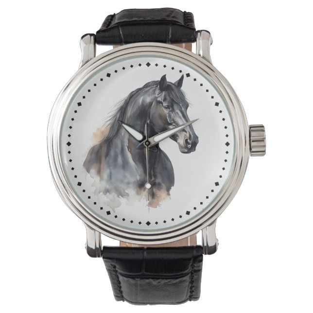 Moderne Equestrian Thoroughbred Black Horse Horloge (Voorkant)