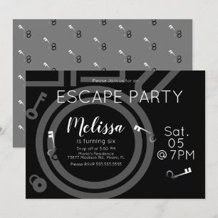 Moderne Escape Room Verjaardagsfeestje Grijs Zwart Kaart