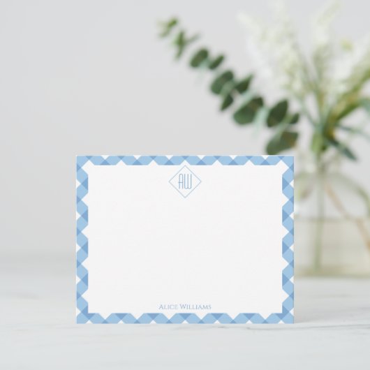 Moderne esthetische blauw wit gingham check notitiekaartje (Staand voorkant)