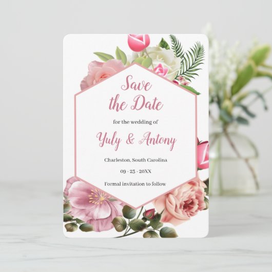 Moderne esthetische botanische roze zeshoek  save the date (Staand voorkant)