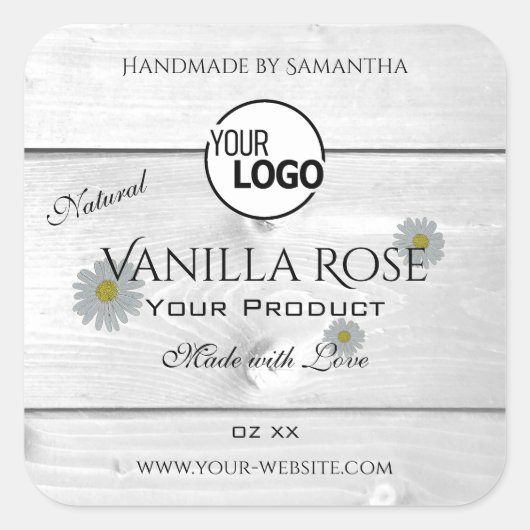 Moderne etiketten met witte houtkorrels Florale Lo (Voorkant)