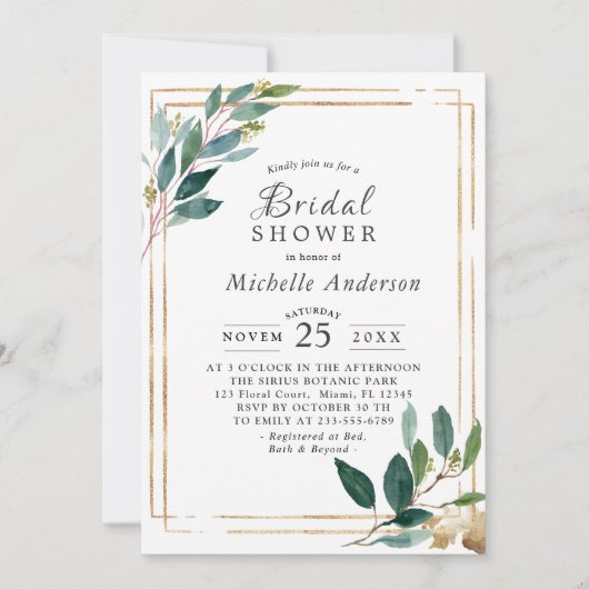 Moderne Eucaliptus Gold Bruids Douche Uitnodiging (Voorkant)