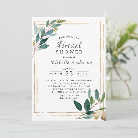 Moderne Eucaliptus Gold Bruids Douche Uitnodiging (Staand voorkant)