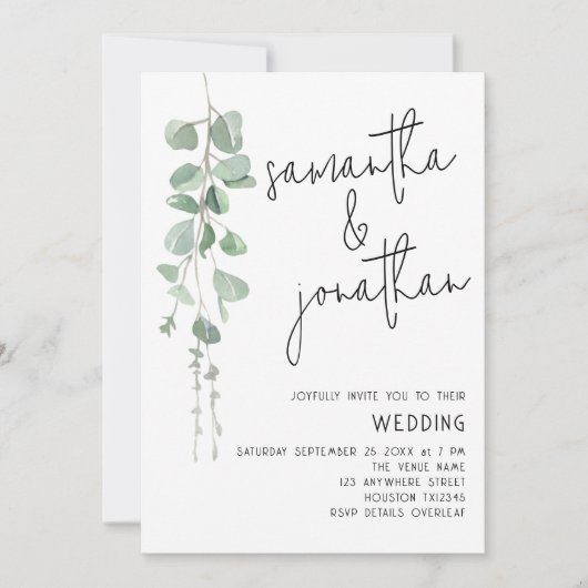 Moderne Eucalyptus 3 Foto's QR-code bruiloft Kaart (Voorkant)