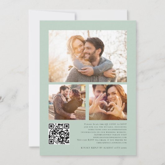 Moderne Eucalyptus 3 Foto's QR-code bruiloft Kaart (Achterkant)