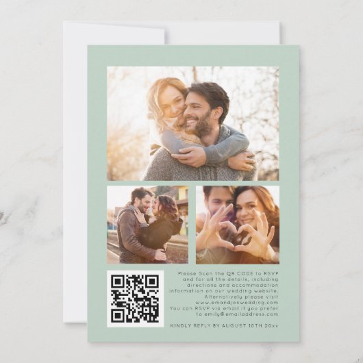 Moderne Eucalyptus 3 Foto's QR-code bruiloft Kaart (Achterkant)