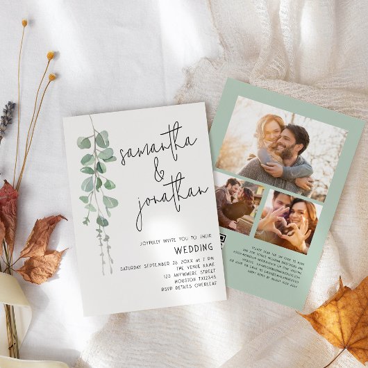 Moderne Eucalyptus 3 foto's QR-code Trouwen Kaart