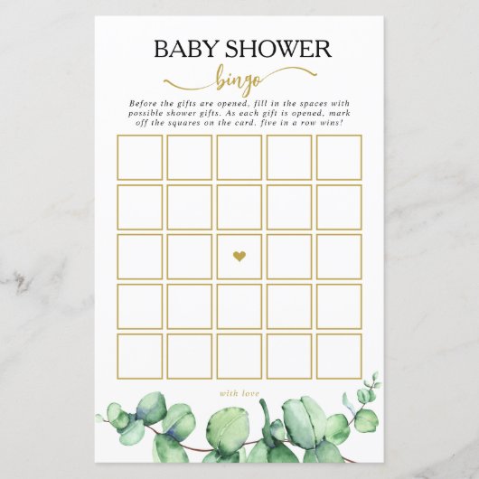 Moderne Eucalyptus Balloon Baby shower Bingo Game (Voorkant)
