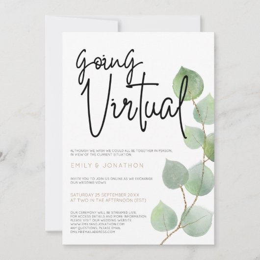 Moderne Eucalyptus Bladeren Script Virtueel Huweli Kaart (Voorkant)