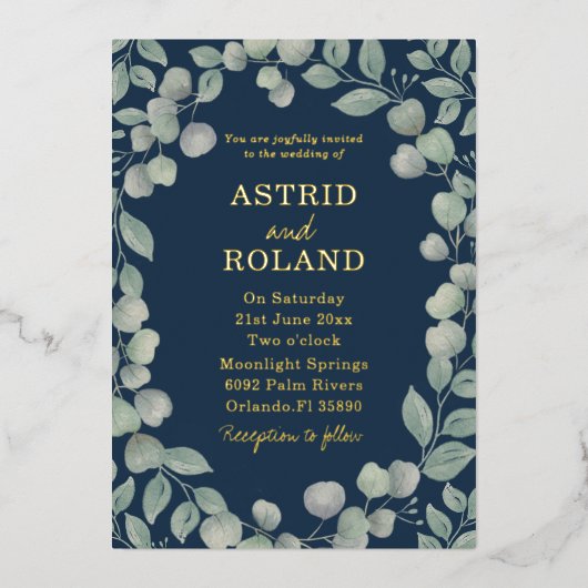Moderne Eucalyptus Blauw & Echt Goud Bruiloft Folie Uitnodiging (Voorkant)