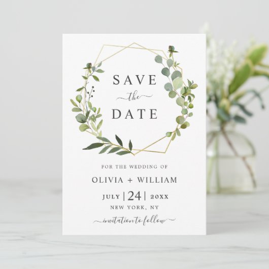Moderne Eucalyptus Bloem Geometrische Frame Trouw Save The Date (Staand voorkant)