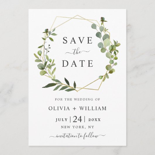 Moderne Eucalyptus Bloem Geometrische Frame Trouw Save The Date (Voorkant)