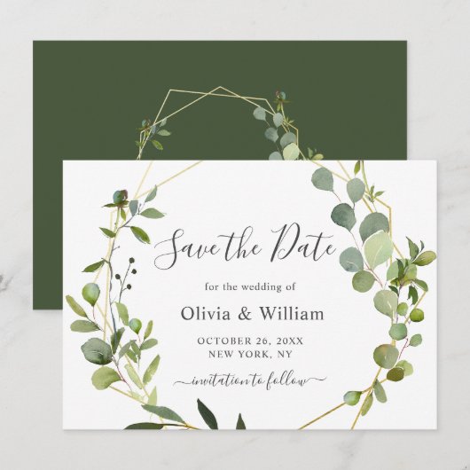 Moderne Eucalyptus Bloemengeometrische Frame Bruil Save The Date (Voorkant / Achterkant)