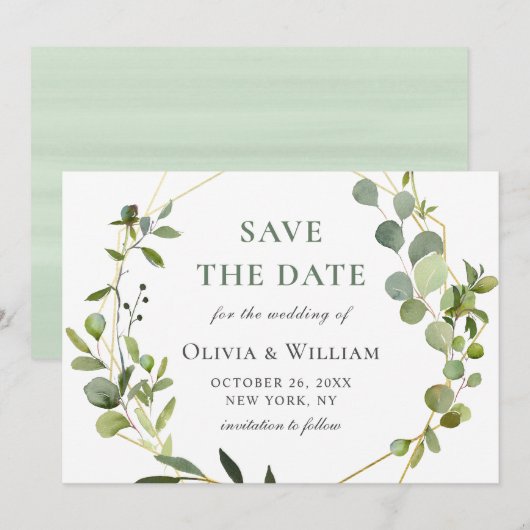 Moderne Eucalyptus Bloemengeometrische Frame Bruil Save The Date (Voorkant / Achterkant)