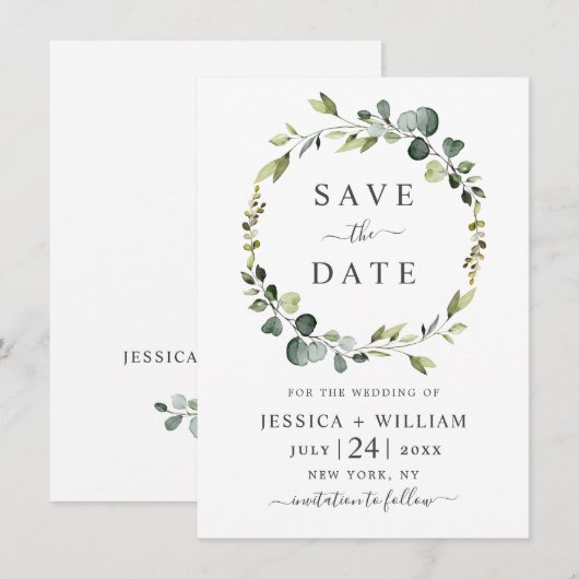 Moderne Eucalyptus Bloemenkrans Frame Bruiloft Save The Date (Voorkant / Achterkant)