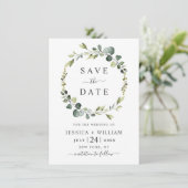 Moderne Eucalyptus Bloemenkrans Frame Bruiloft Save The Date (Staand voorkant)