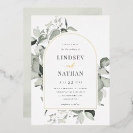 Moderne Eucalyptus Boog Bruiloft Goud Folie Uitnodiging