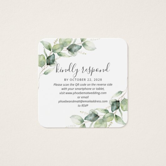 Moderne Eucalyptus Botanical Wedding QR Code RSVP Vierkante Visitekaartjes (Voorkant)